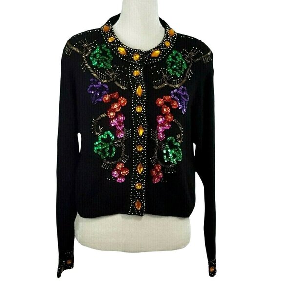 Joule Women's Vintage 80s Beaded Sequin Sweater Small Silk Angora Black Button - Picture 2 of 8